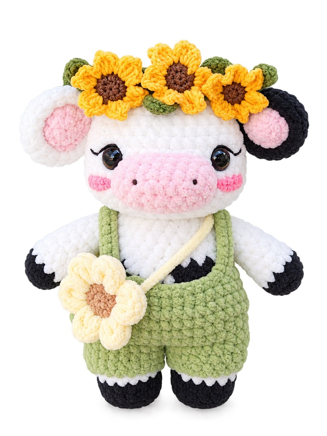 Handmade Crochet Cow Plush, Cute Amigurumi Stuffed Animal with Sunflower Crown