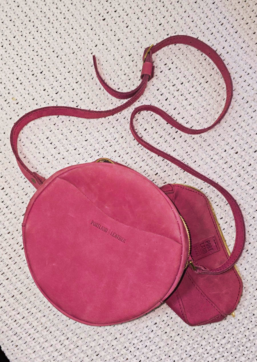 Portland Leather, Genuine Pink Leather Round Crossbody Zip Bag Portland Leather, Genuine Pink Leather Round Crossbody Zip Bag
