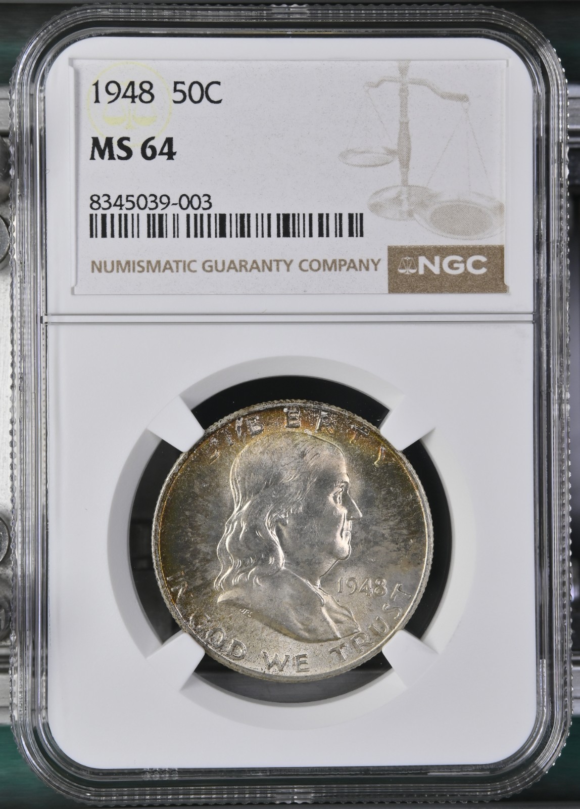 1948 P Mint State Franklin Half Dollar With Toning Graded NGC MS-64