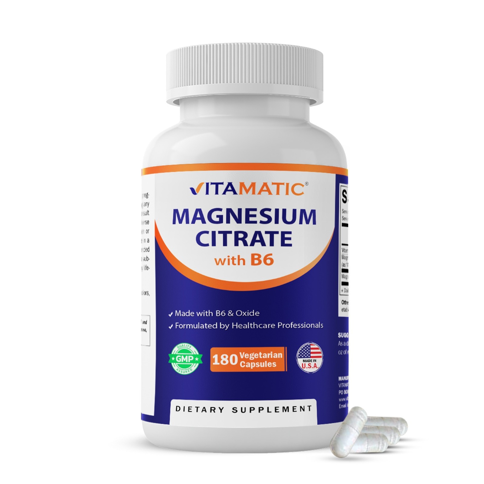 Vitamatic Magnesium Citrate 500mg per Serving - 180 Vegetarian Capsules (Provide