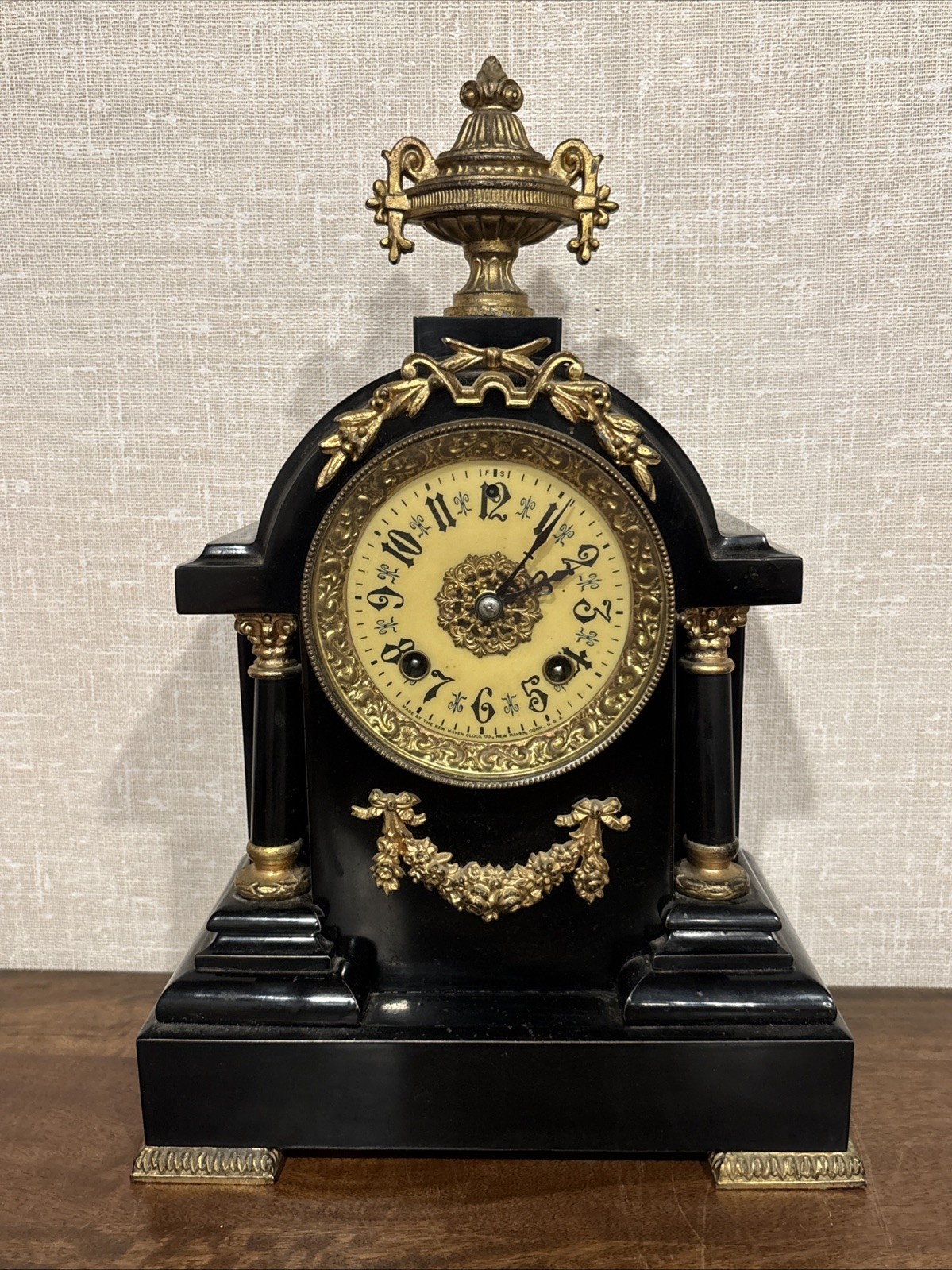 Unusual Antique New Haven Clock Co. Cast Iron Mantel Clock - Running
