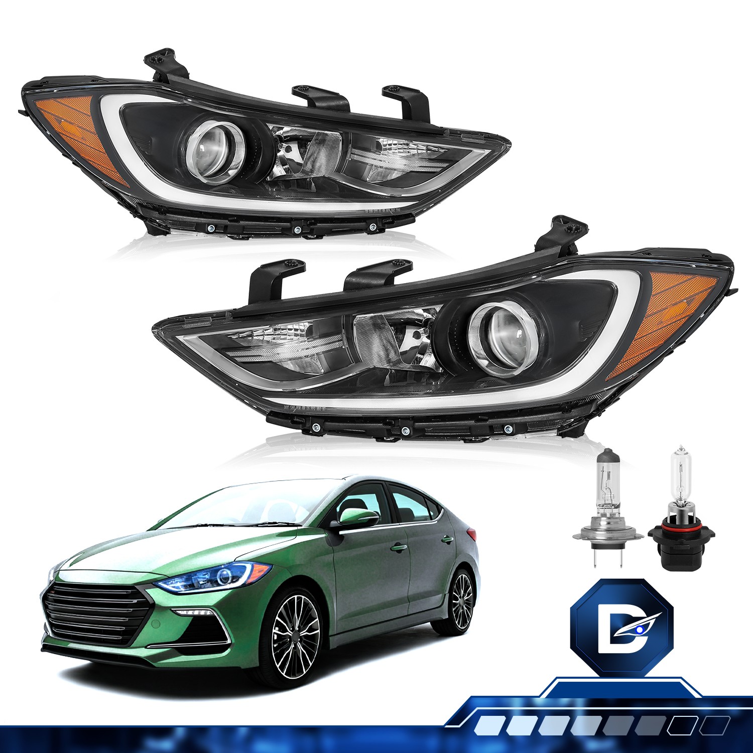 For 2017 2018 Hyundai Elantra Projector Chrome Amber Headlights Assembly Set