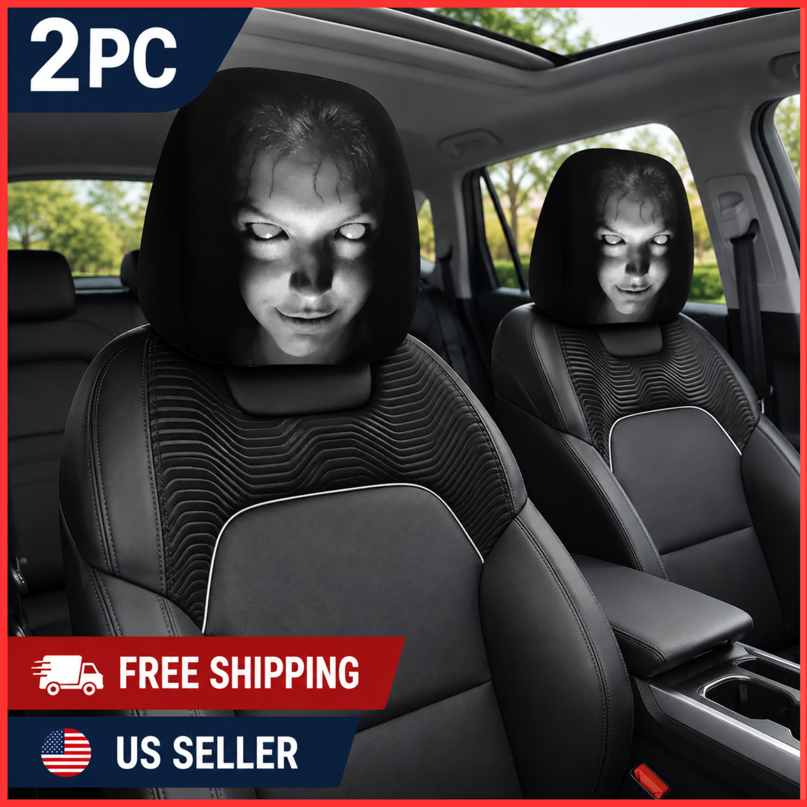 2Pcs Halloween Horror Face Printing Car Headrest Covers Universal Elastic Car Se