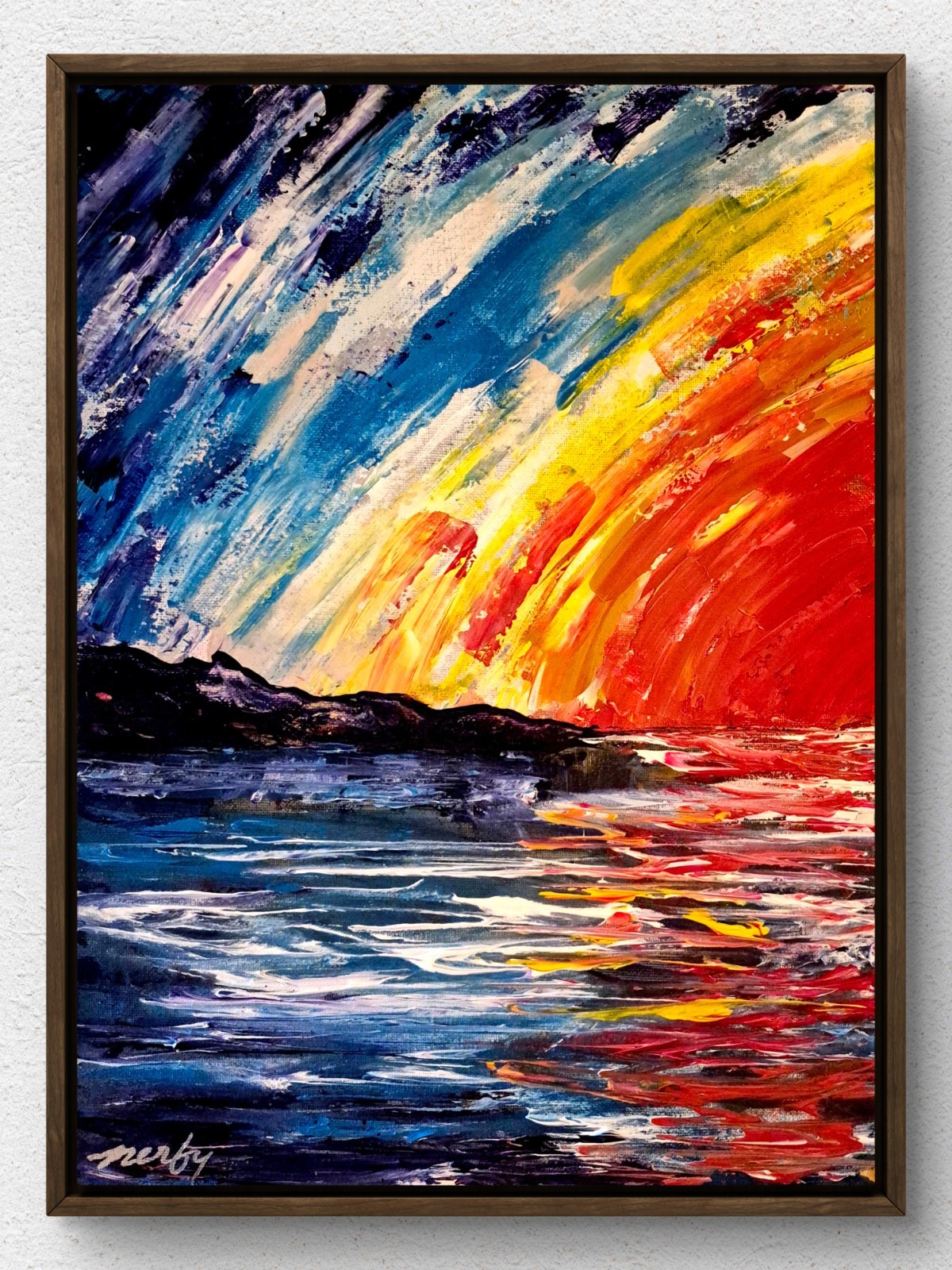 Original 12x16 Hand Painted Ocean Sunset Abstract Canvas Signed Wall Art B31