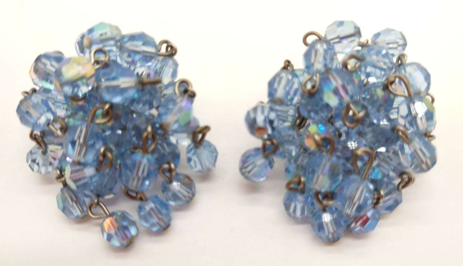 Vintage Vogue Blue Aurora Borealis Crystal Rhinestone Cluster Clip-On Earrings Vintage Vogue Blue Aurora Borealis Crystal Rhinestone Cluster Clip-On Earrings