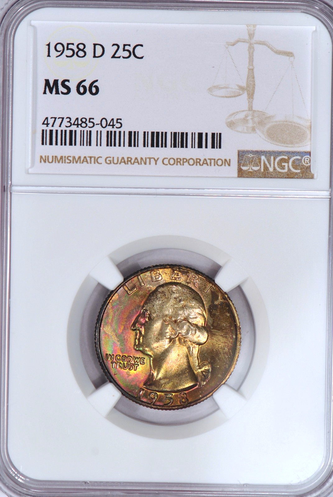 1958 D Toned Washington Quarter NGC MS 66 See Video Toning Silver Coin 25C 1958 D Toned Washington Quarter NGC MS 66 See Video Toning Silver Coin 25C