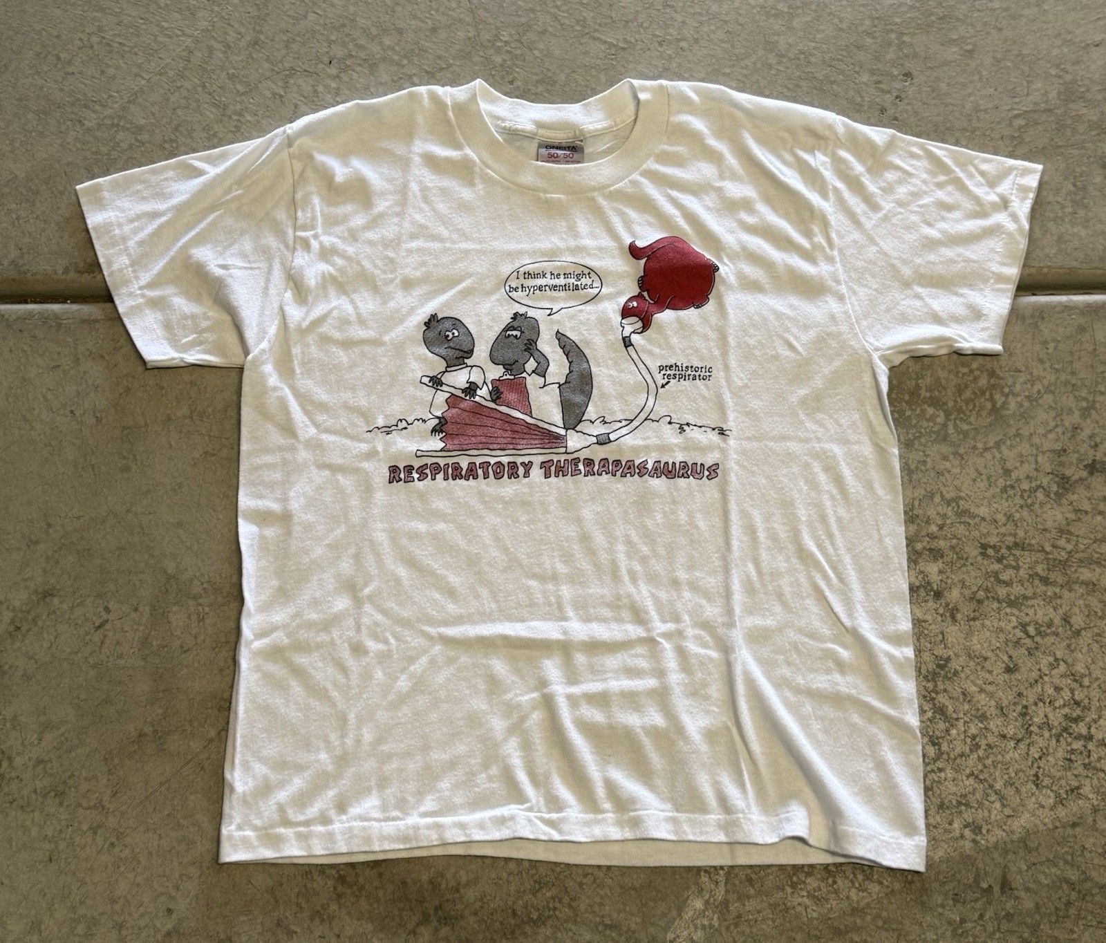 True Vintage 80’s Respiratory Therapasauras Funny Men’s Graphic White T-shirt L 