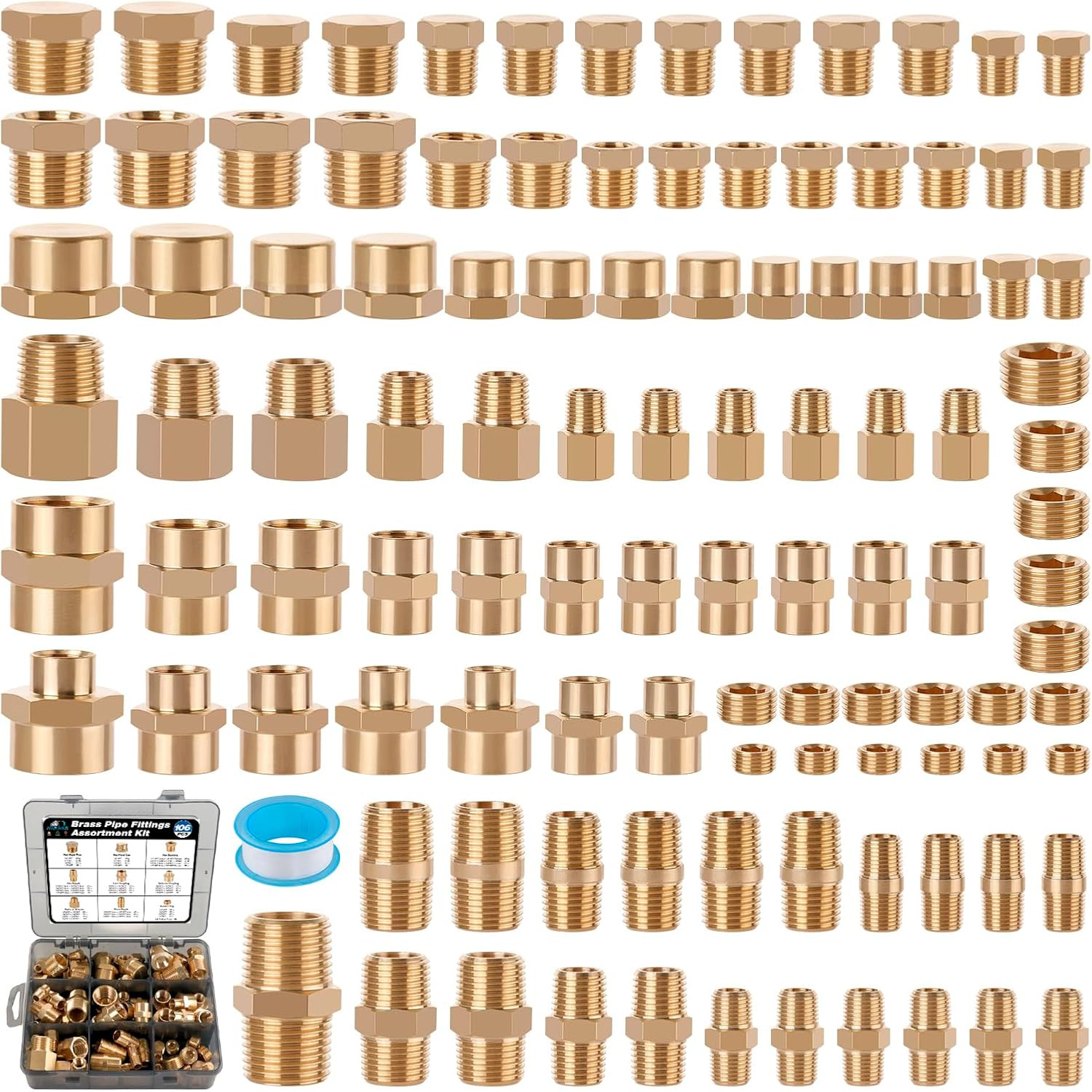 106PCS Brass Pipe Fittings Assortment Kit,1/8 106PCS Brass Pipe Fittings Assortment Kit,1/8