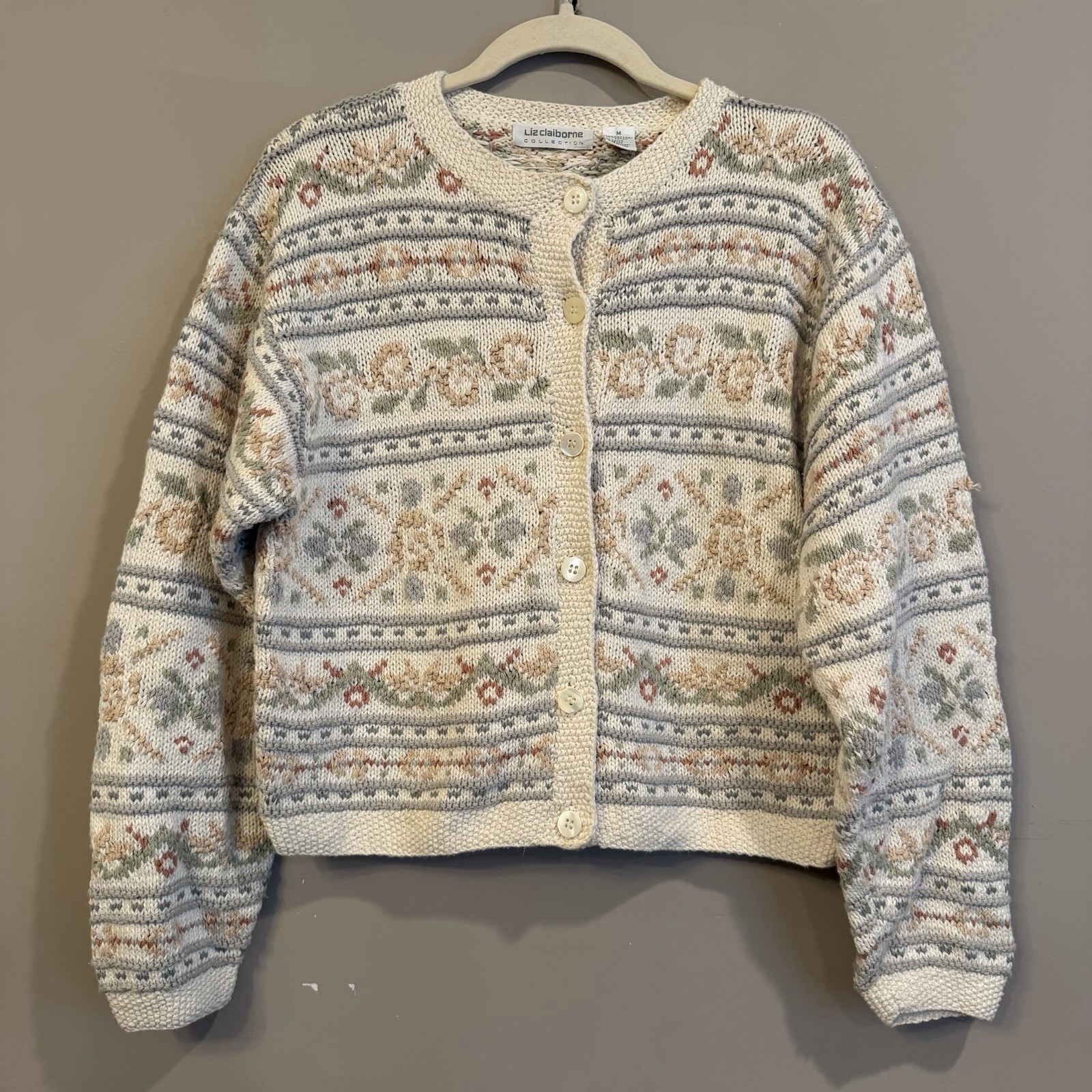 Vintage Liz Claiborne Pastels Fair Isle Chunky Knot Cardigan Grandmacore Med Vintage Liz Claiborne Pastels Fair Isle Chunky Knot Cardigan Grandmacore Med