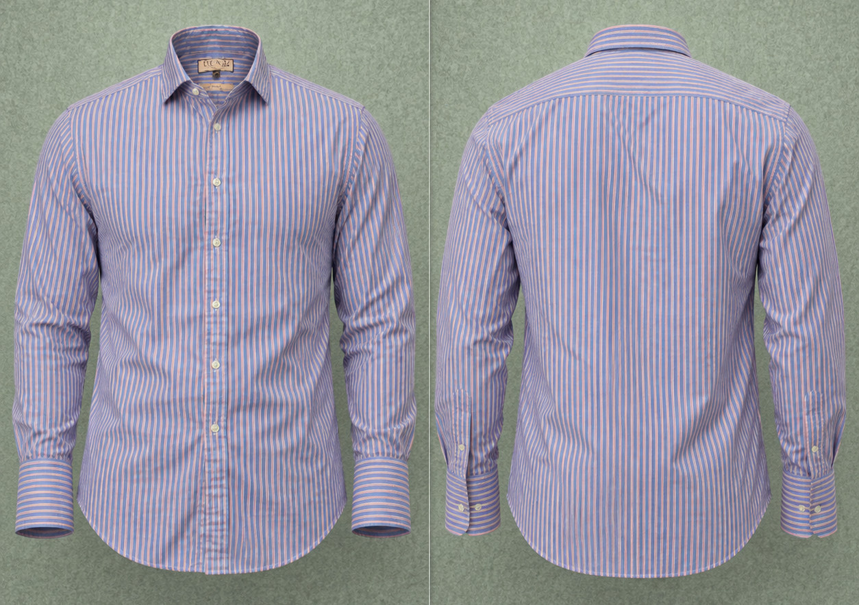 Thomas Pink Dress Shirt Mens 18.5 37.5 Pink Blue Striped Long Sleeve French Cuff