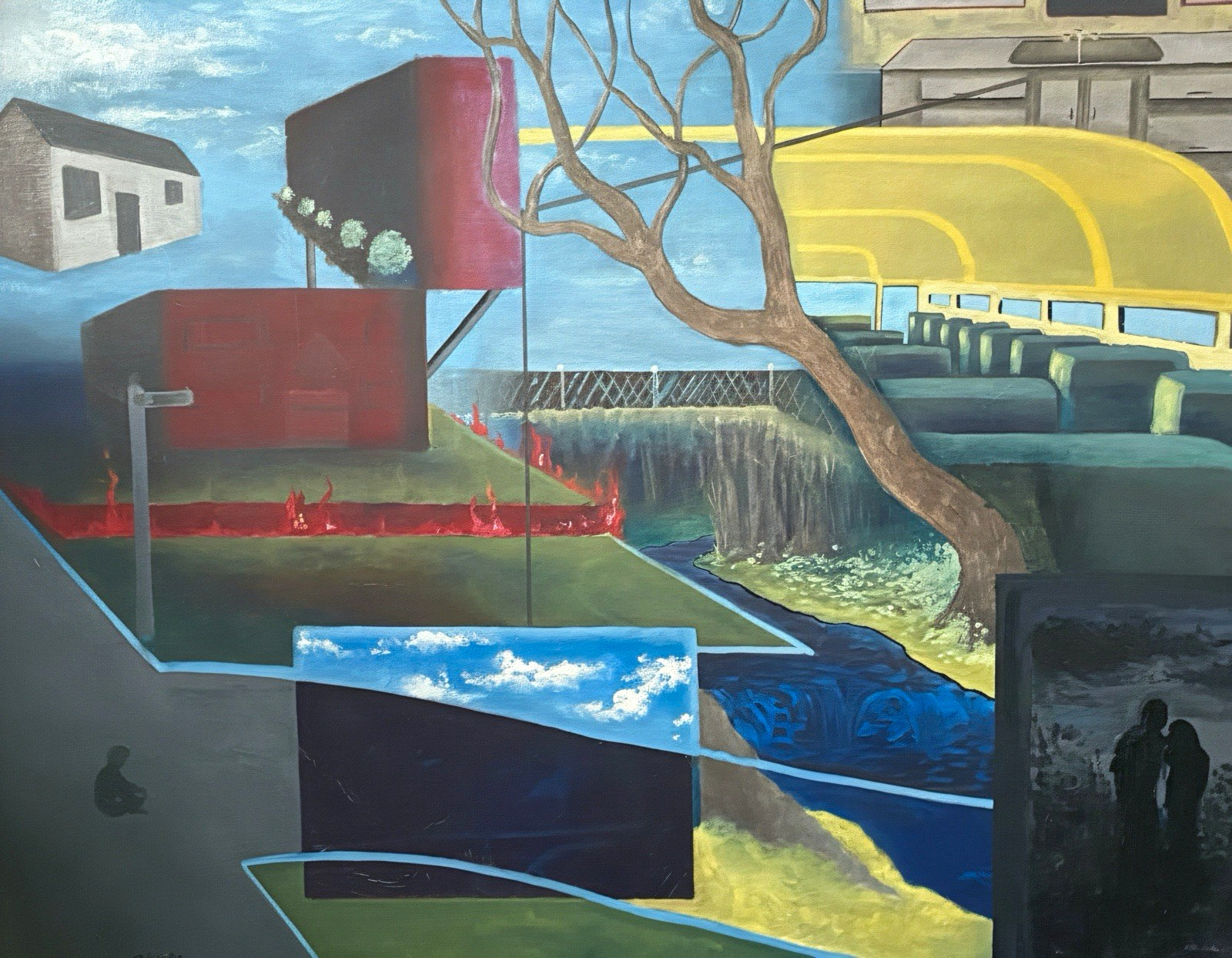 Titled memories Signed Framed Surreal Landscape Painting w/ Buildings & Trees