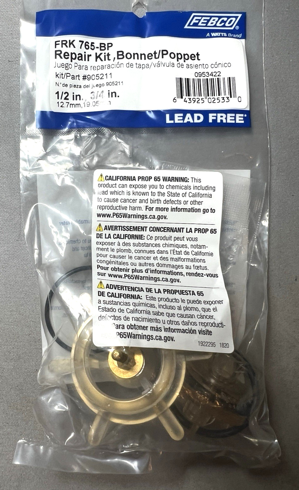 Febco 1/2 in. to 3/4 in. Bonnet and Poppet Repair Kit OEM New & Sealed