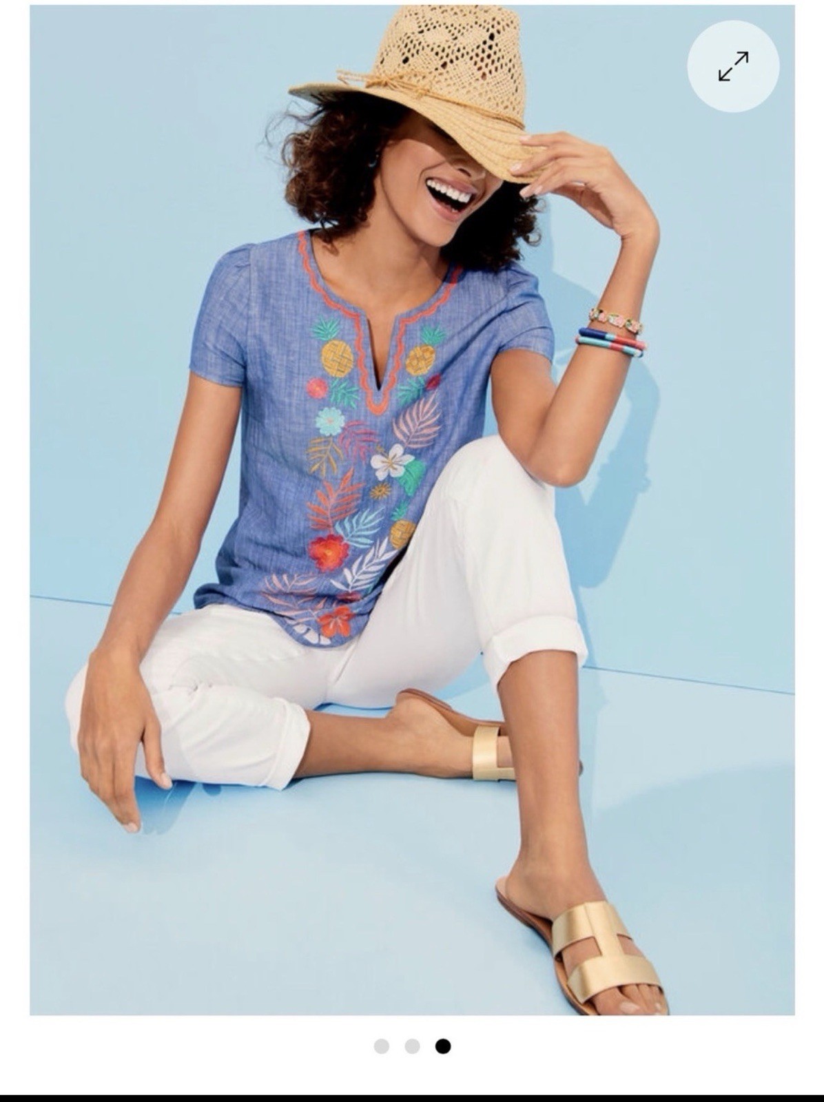 Talbots Light Blue Linen-Blend Tunic with Multicolor Tropical Embroidery classic