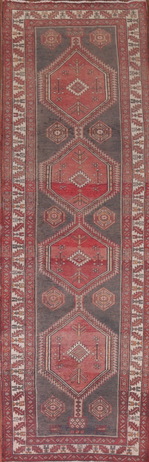 Vintage Tribal Geometric Gray Ardebil Runner Rug 3\' 7\