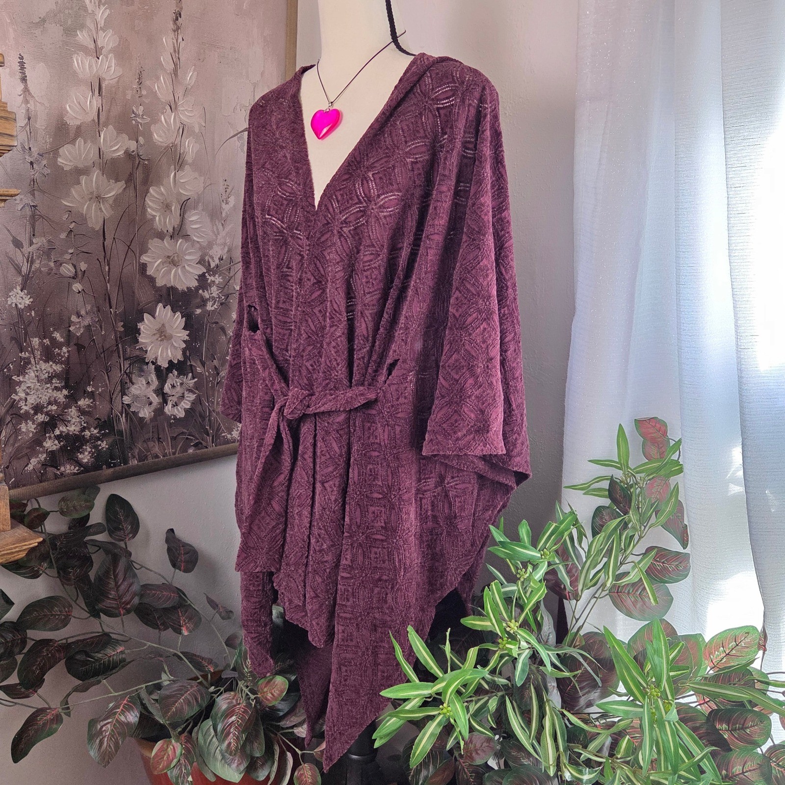 Torrid Kimono Wrap Plum Burgundy Geometric Lace Tie Waist One Size 42540296