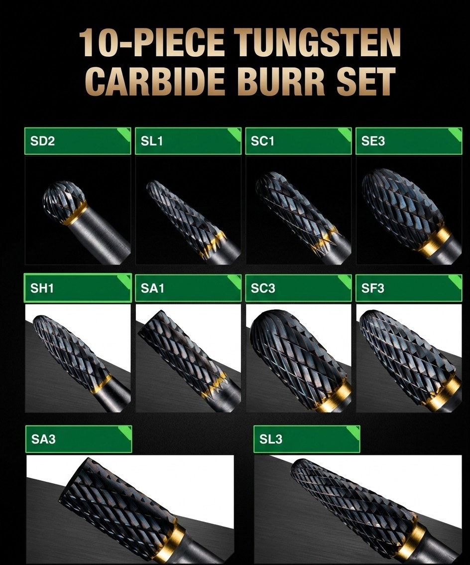 Carbide Burr Set 1/4 In Shank 10-Pc 8mm Head with Clear Storage Box