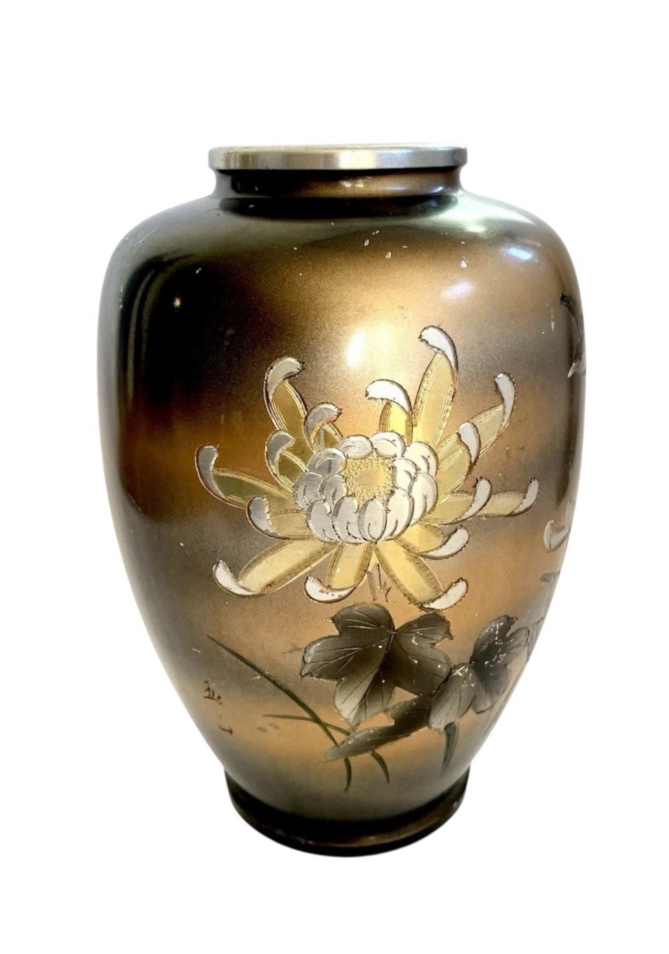 VTG Meiji Period Mixed Metal Vase With Cut In Lotus  8” BlackGoldSilver Engraved