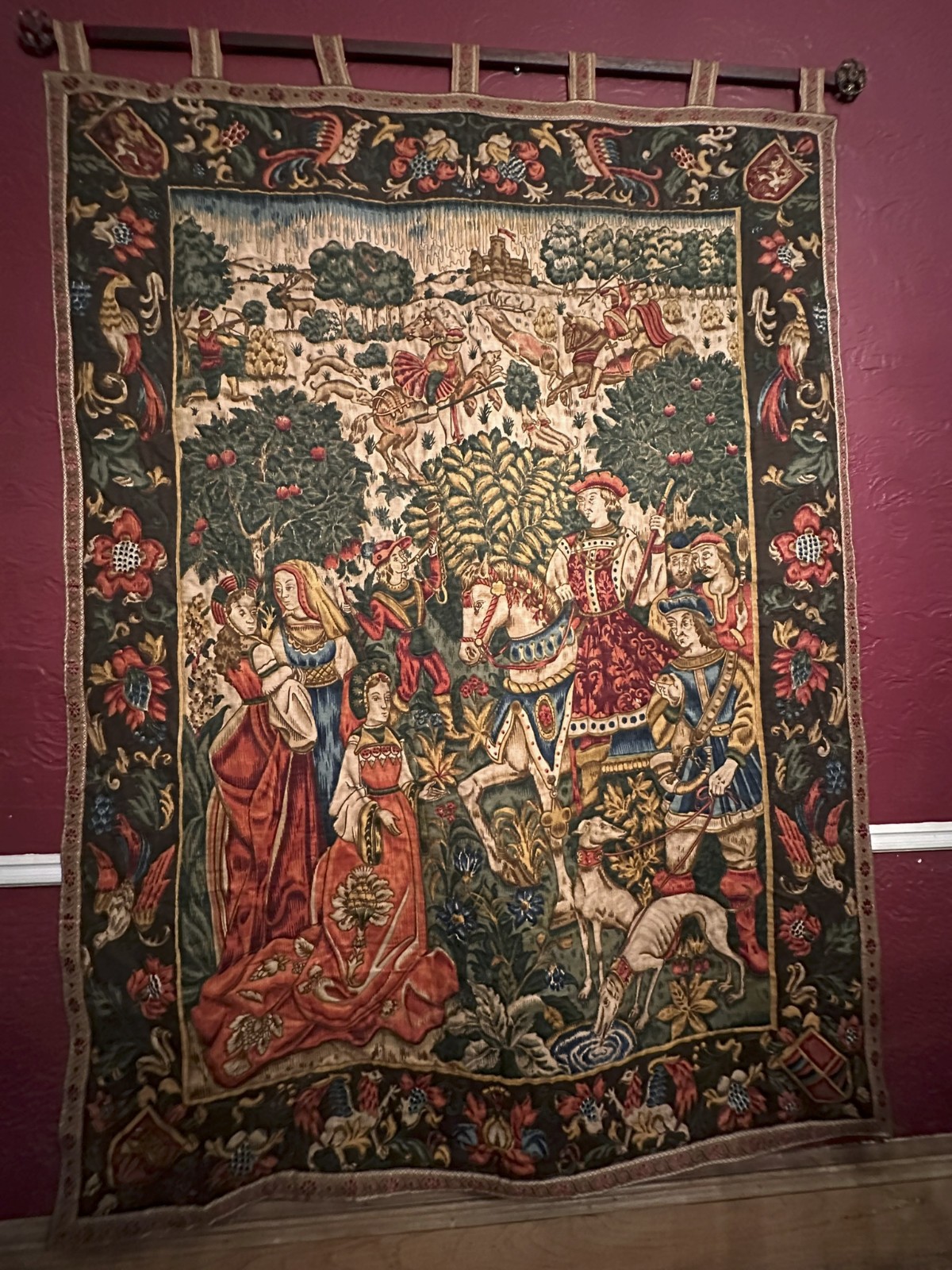 French Tapestry Medieval Hunting Scene Wall Decor Large Colorful 5'x4' Lodge Vtg