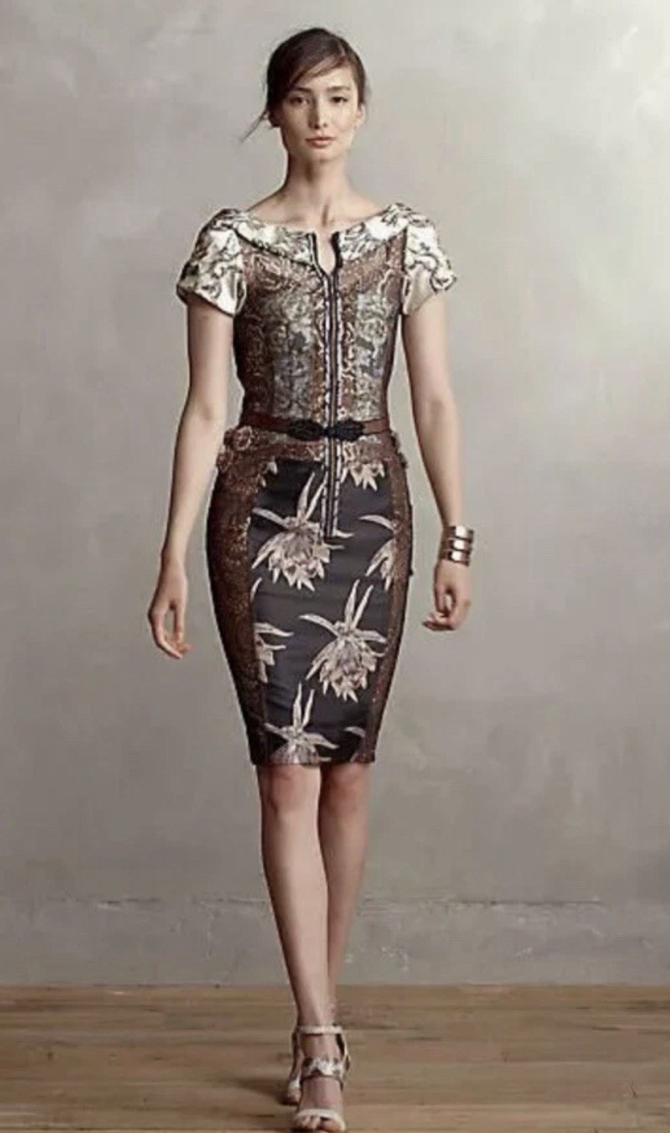 VTG Anthropologie Byron Lars Noemi Pierced Brocade Dress Size 2 Metallic Lace