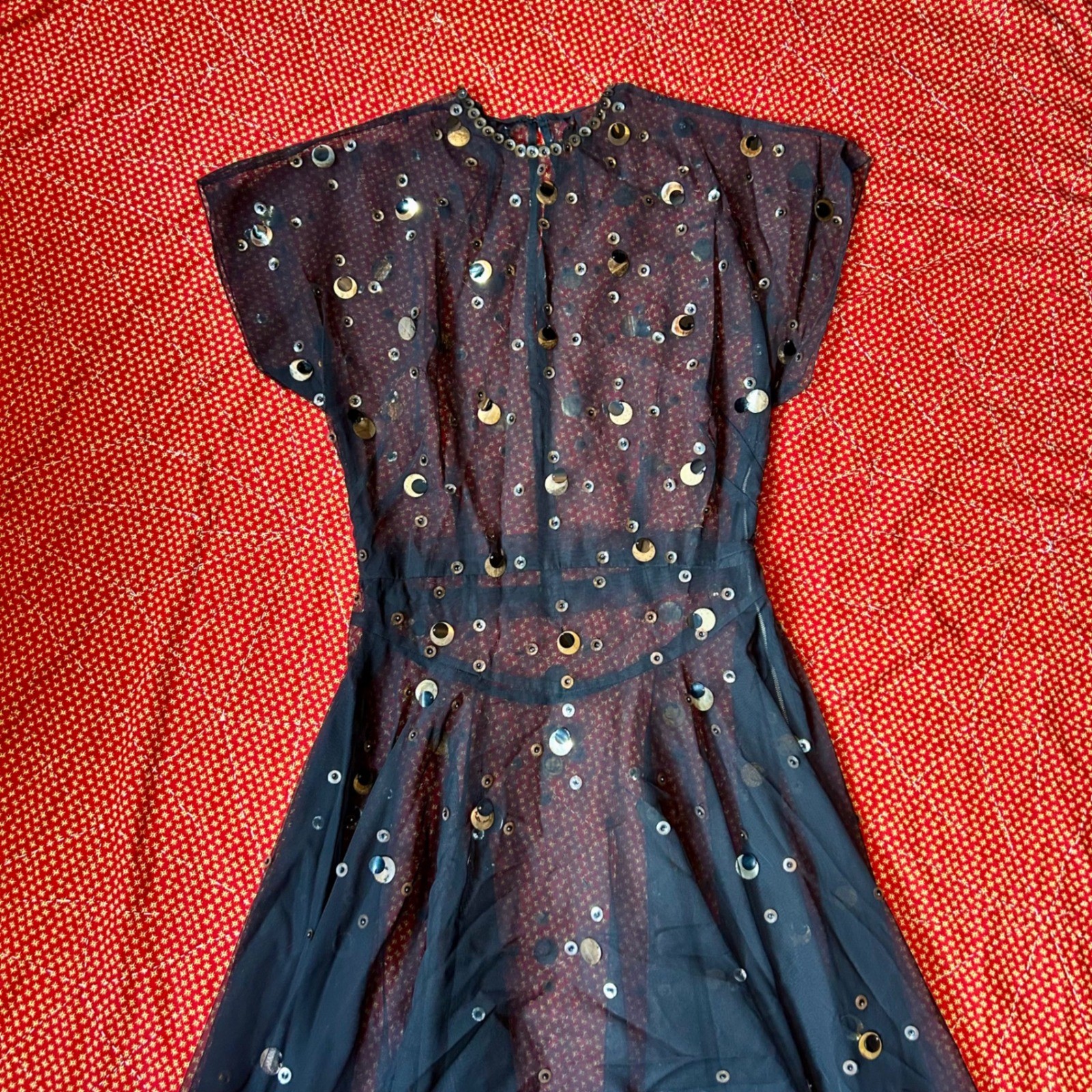 Antique 1940s Dacron art deco sequin sheer black maxi length dress Antique 1940s Dacron art deco sequin sheer black maxi length dress