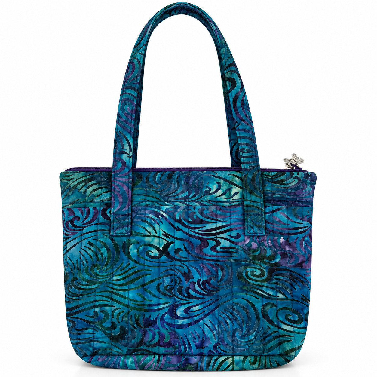 Handmade Artisan Quilted Batik Tote Bag Teal Blue Shoulder Purse Zipper Pockets