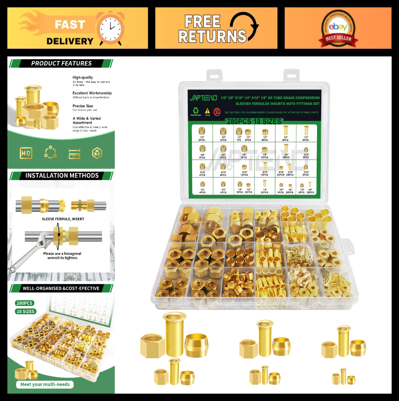 280pcs Brass Compression Sleeves Ferrules Inserts Nuts Fittings Assortment Kit -