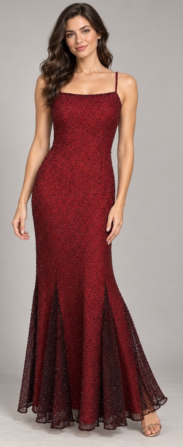 Vintage Laurence Kazar Red 100% Silk Beaded Maxi Evening Dress Gown L NWT Ombré