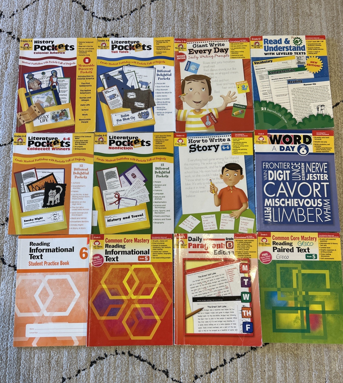 Lot Of 12 Evan Moore ELA Homeschool Educational Books History Pockets Grades 4-6