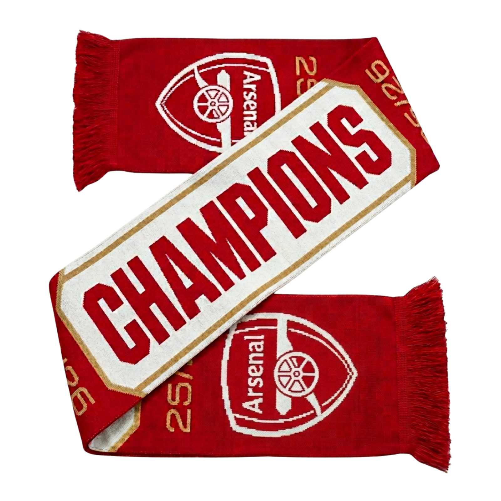 Official Arsenal FC EPL Champions 2025/26 Soccer Scarf Red White Gold Knit Fring Official Arsenal FC EPL Champions 2025/26 Soccer Scarf Red White Gold Knit Fring