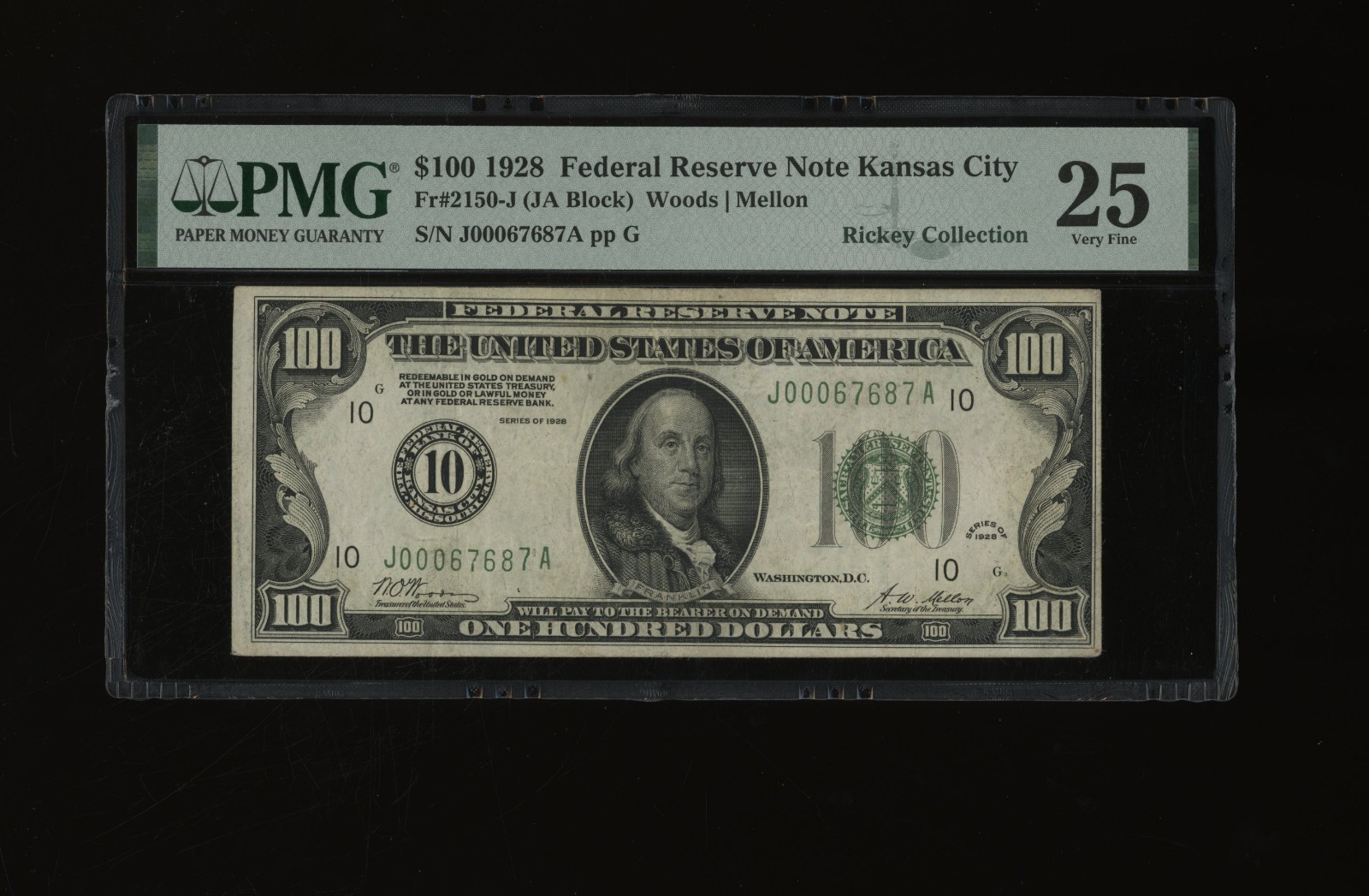 DBR 1928 $100 Kansas City Numeral Fr. 2150-J PMG 25 Serial J00067687A