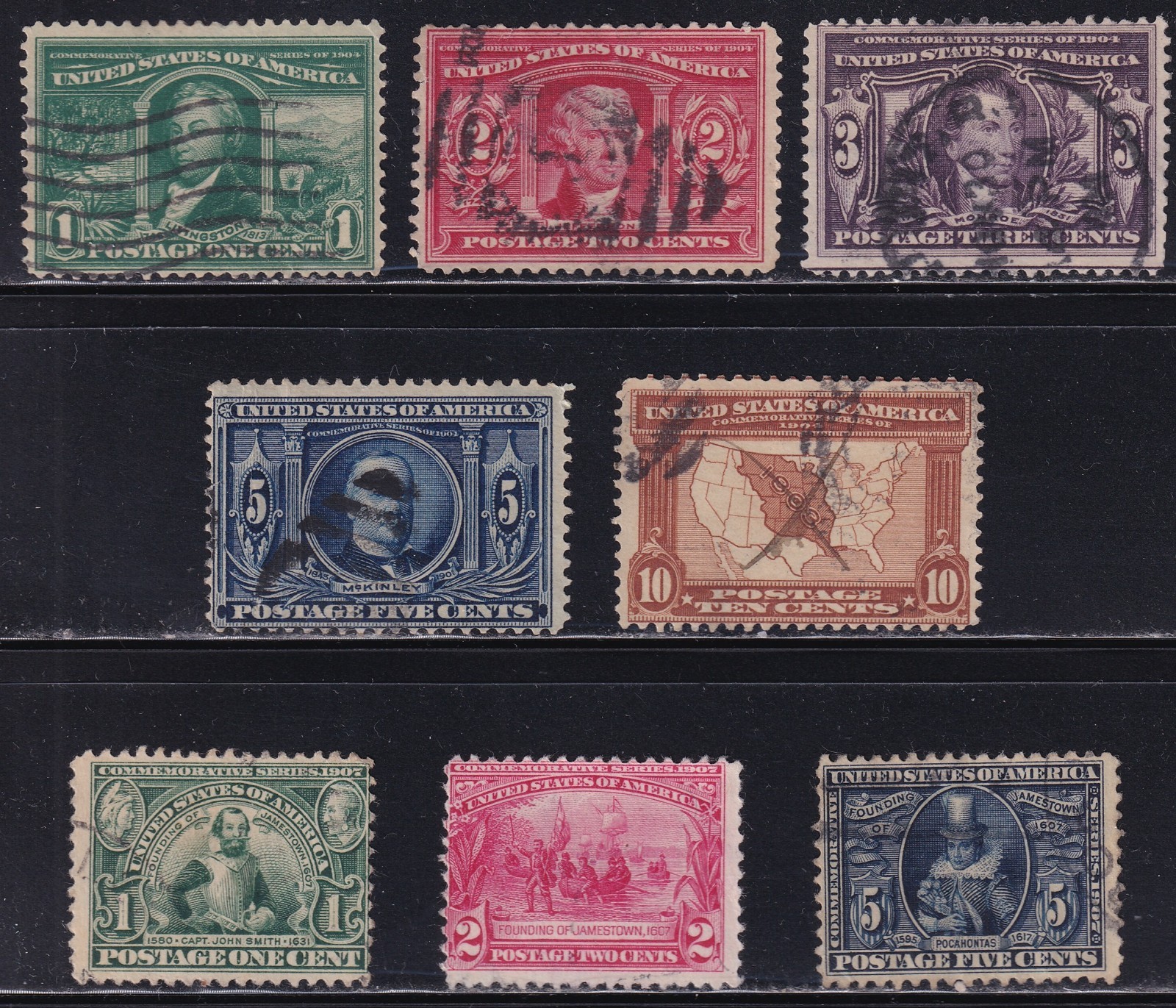 MATT\'S STAMPS US SCOTT #323-330 LOUISIANA PURCH. & JAMESTOWN ISSUES, USED CV$122