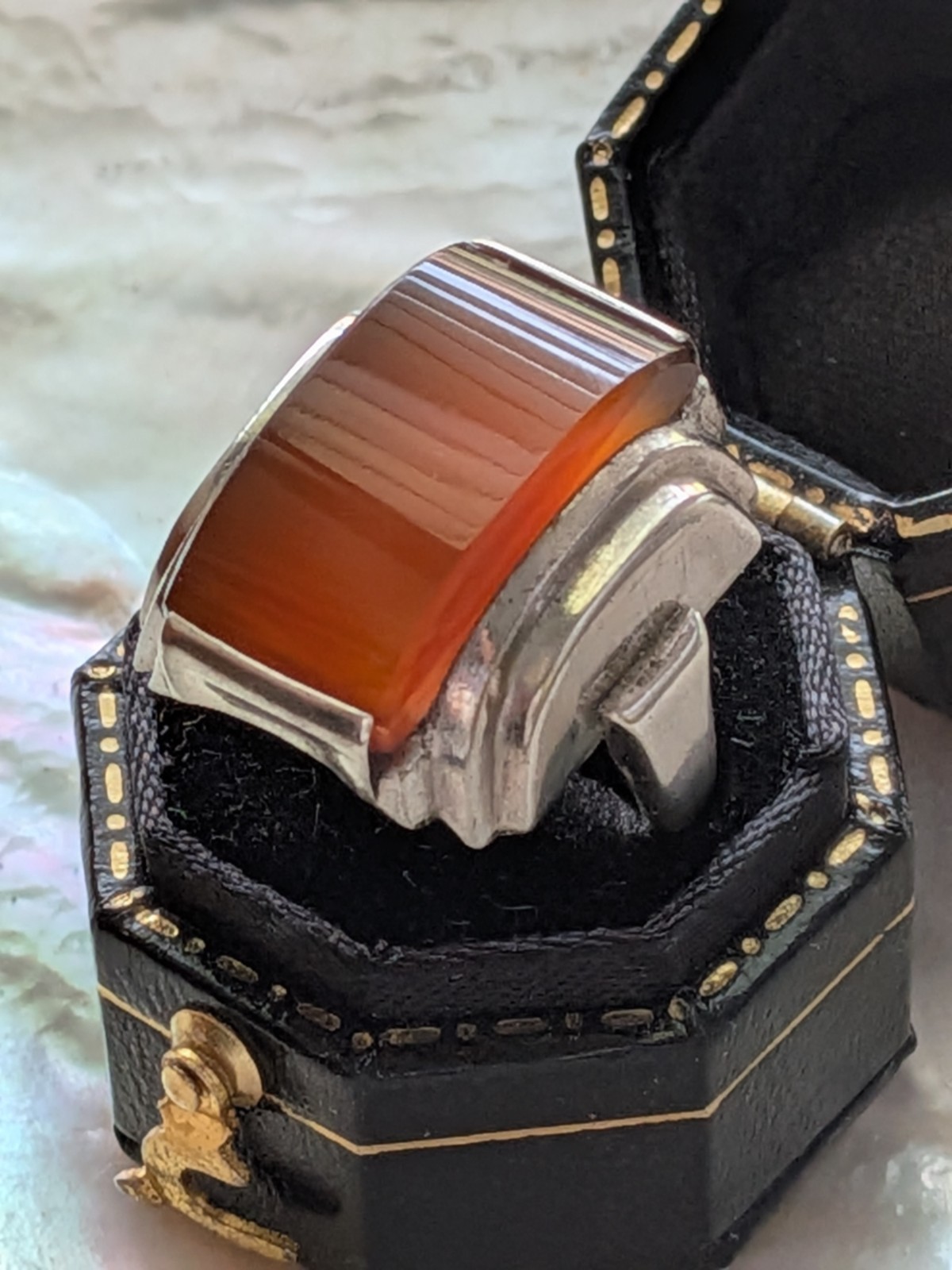 Vintage 1920s 1930s Art Deco Carnelian & Sterling Silver Ring-Architectural