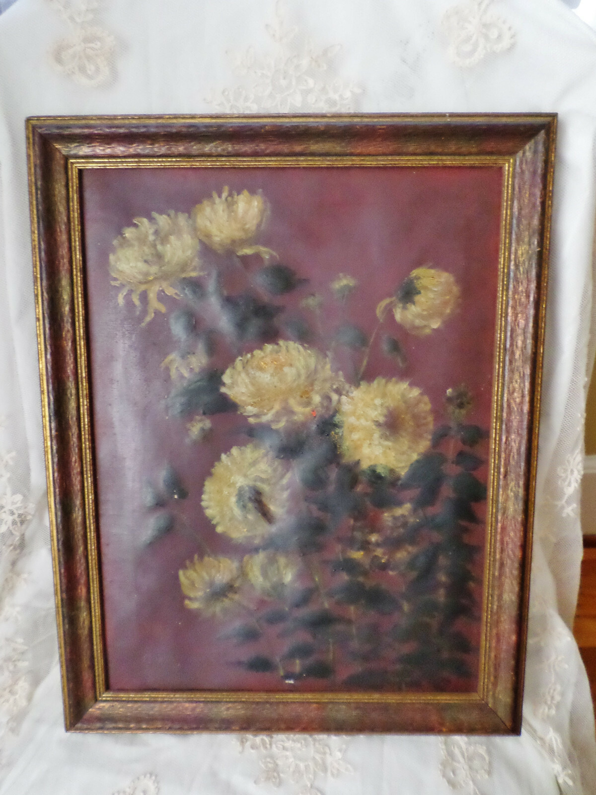 Antique Oil Painting on Canvas Chrysanthemum Flowers Original Frame 20.5 x 16