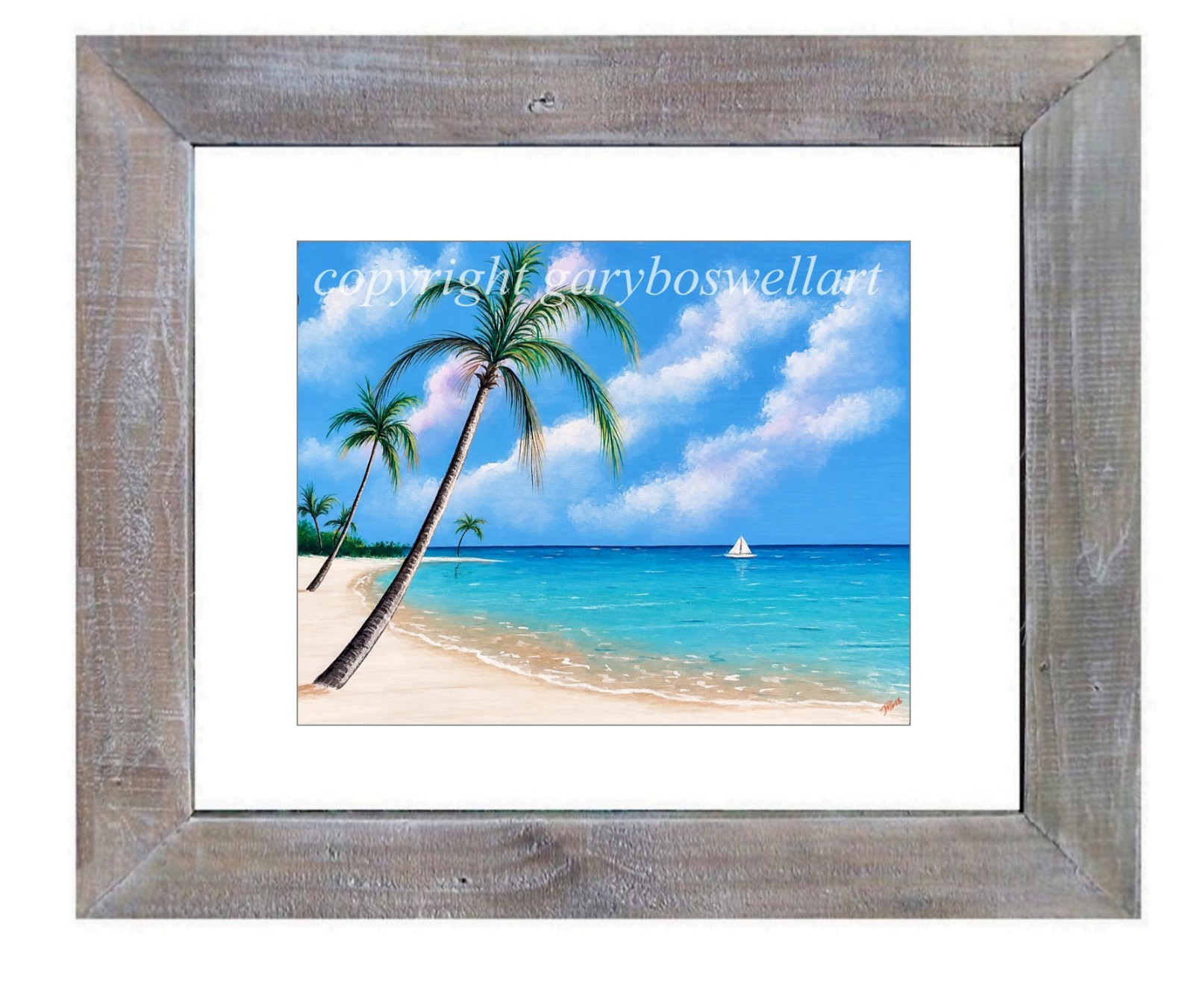 Tropical Beach & Sailboat Signed Numbered Limited-Edition Giclee framed print