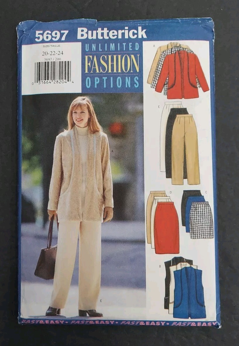 Butterick 5697 Pattern Misses Jacket, Vest, Skirt & Pants Sz 20-22-24 Uncut Butterick 5697 Pattern Misses Jacket, Vest, Skirt & Pants Sz 20-22-24 Uncut