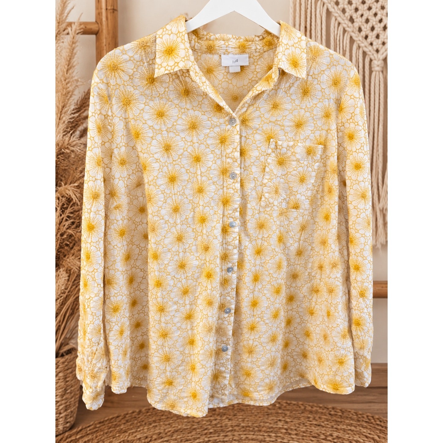 J.Jill Women’s Small Floral Embroidered Blouse Cream Yellow Long Sleeve