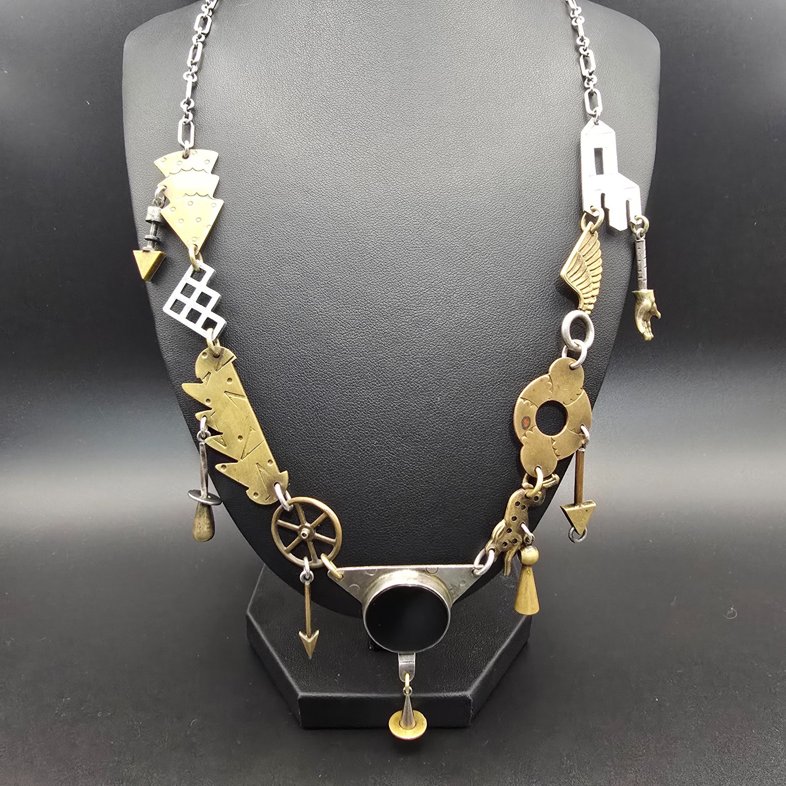 Thomas Mann Techno-Romantic Mixed Metal Charm Necklace Sterling Bronze Signed