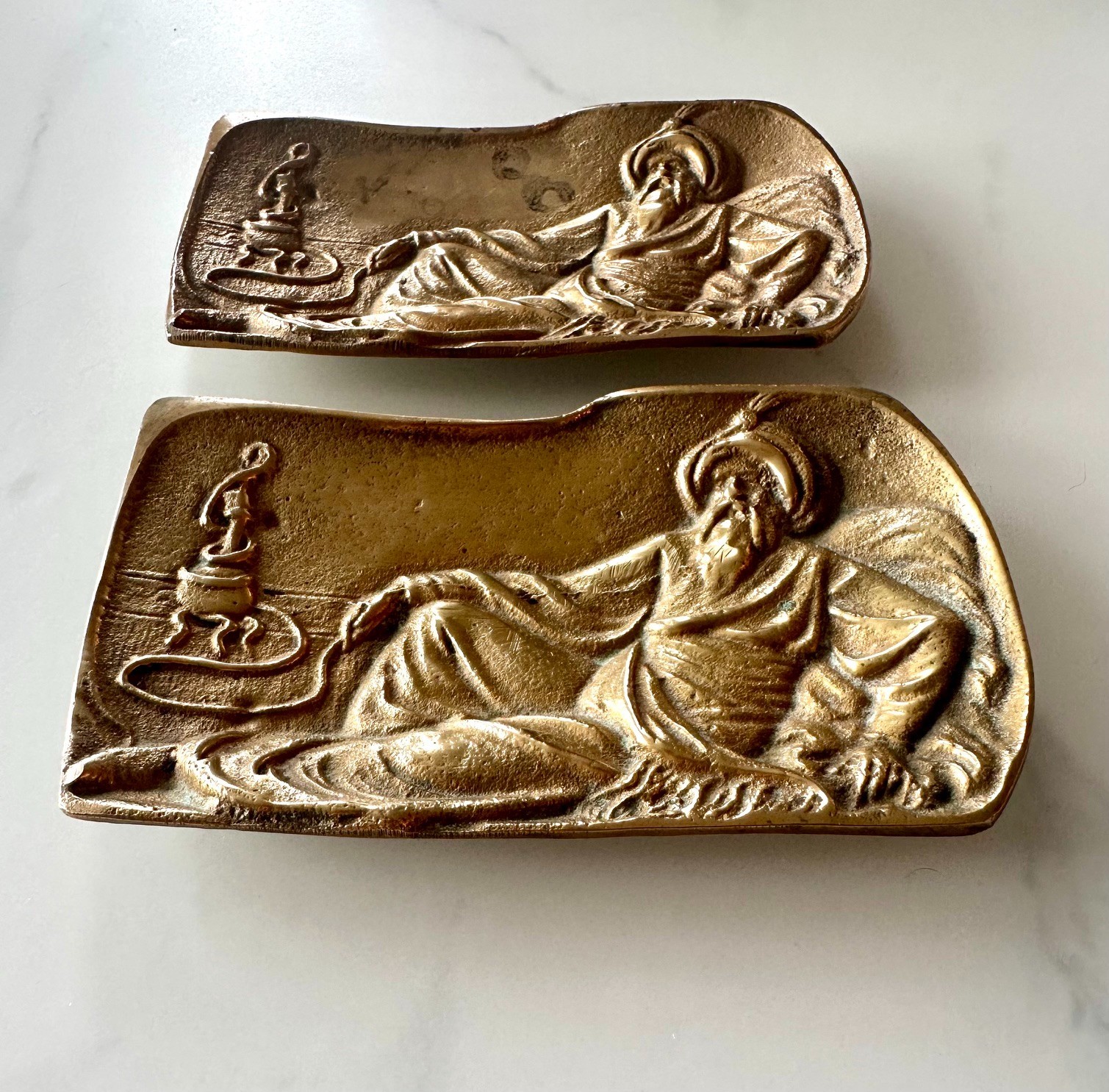 Vintage Pair Brass Orientalist Hookah Nargile Relief Ashtrays Trays Vide Poche