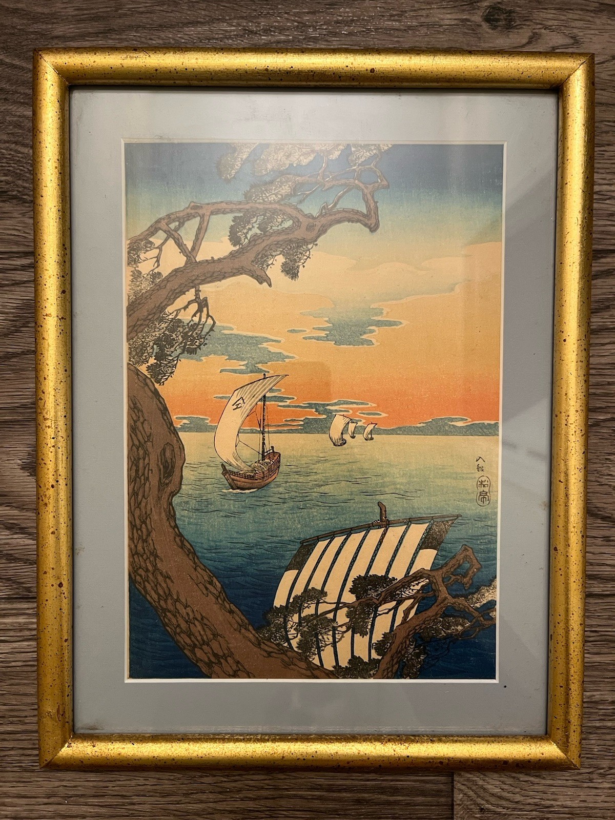 Takahashi Shōtei Japanese woodblock print- Returning boats at sunset Takahashi Shōtei Japanese woodblock print- Returning boats at sunset