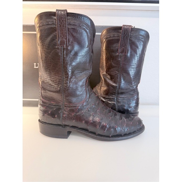 Lucchese 2000 Black Cherry Full Quill Ostrich Roper Boots Men\'s 8.5 B