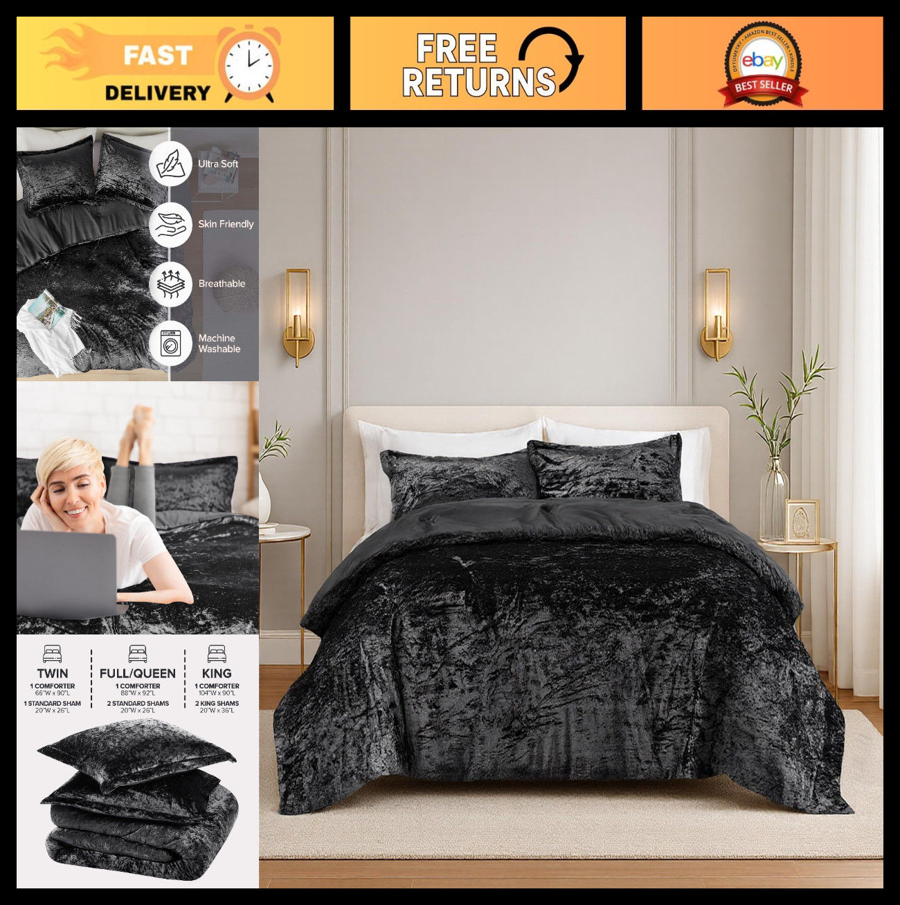 Reversible Velvet Black King Comforter Set, 3-Piece Bedding Set for Cozy Sleep