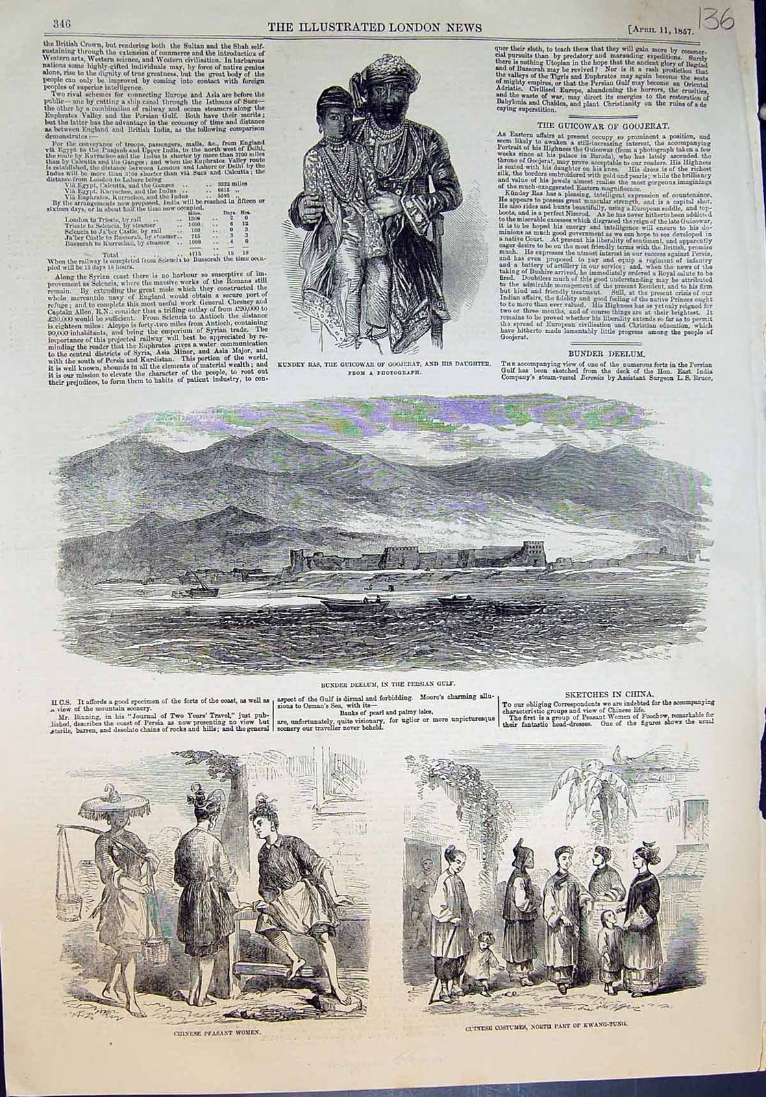 Antique Print Bunder Deelum Persian Gulf Kundey Ras Guicowar Goojerat 1857 19th