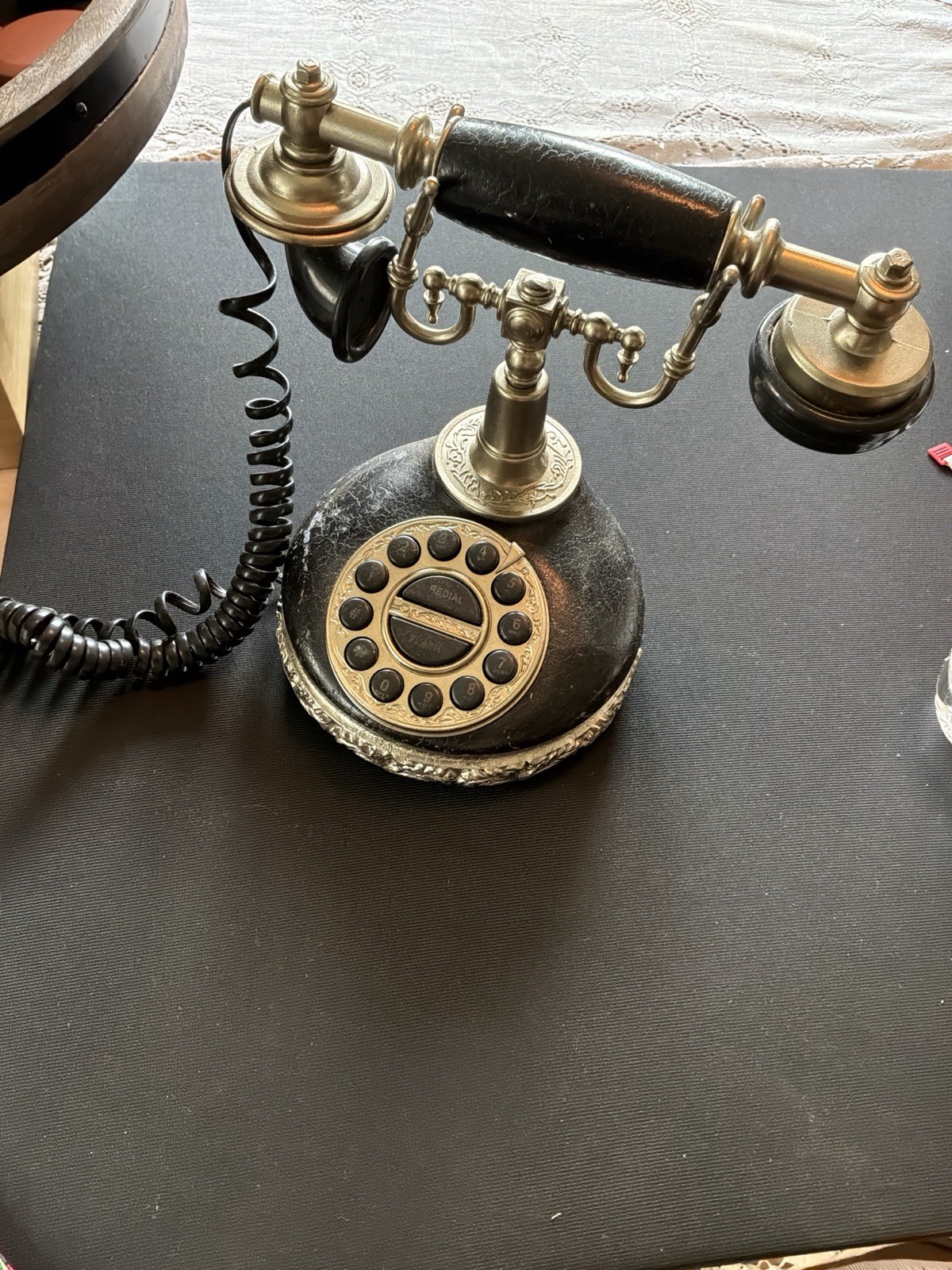 Vintage 1920s Replica Telephone Antique Brass Black Retro Push Button Desk Phone