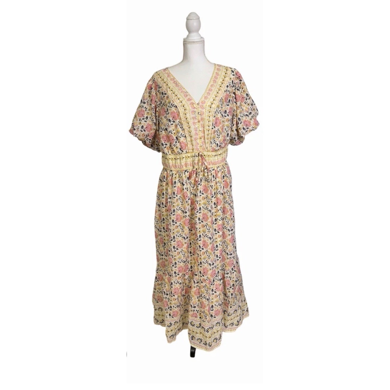 Anthropologie LEA Women Pink Yellow Floral Cotton Midi Dress Pockets 1X NEW Anthropologie LEA Women Pink Yellow Floral Cotton Midi Dress Pockets 1X NEW