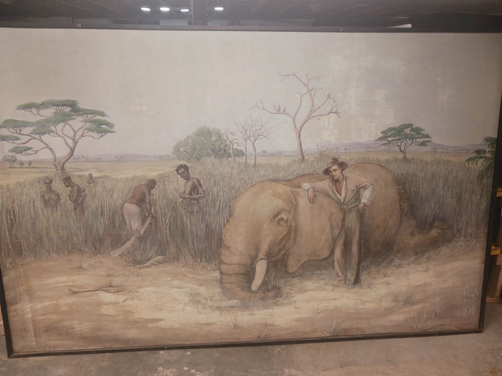 MONUMENTAL EARLY 20TH CENTURY AFRICAN HUNTING SCENE OIL PAINTING