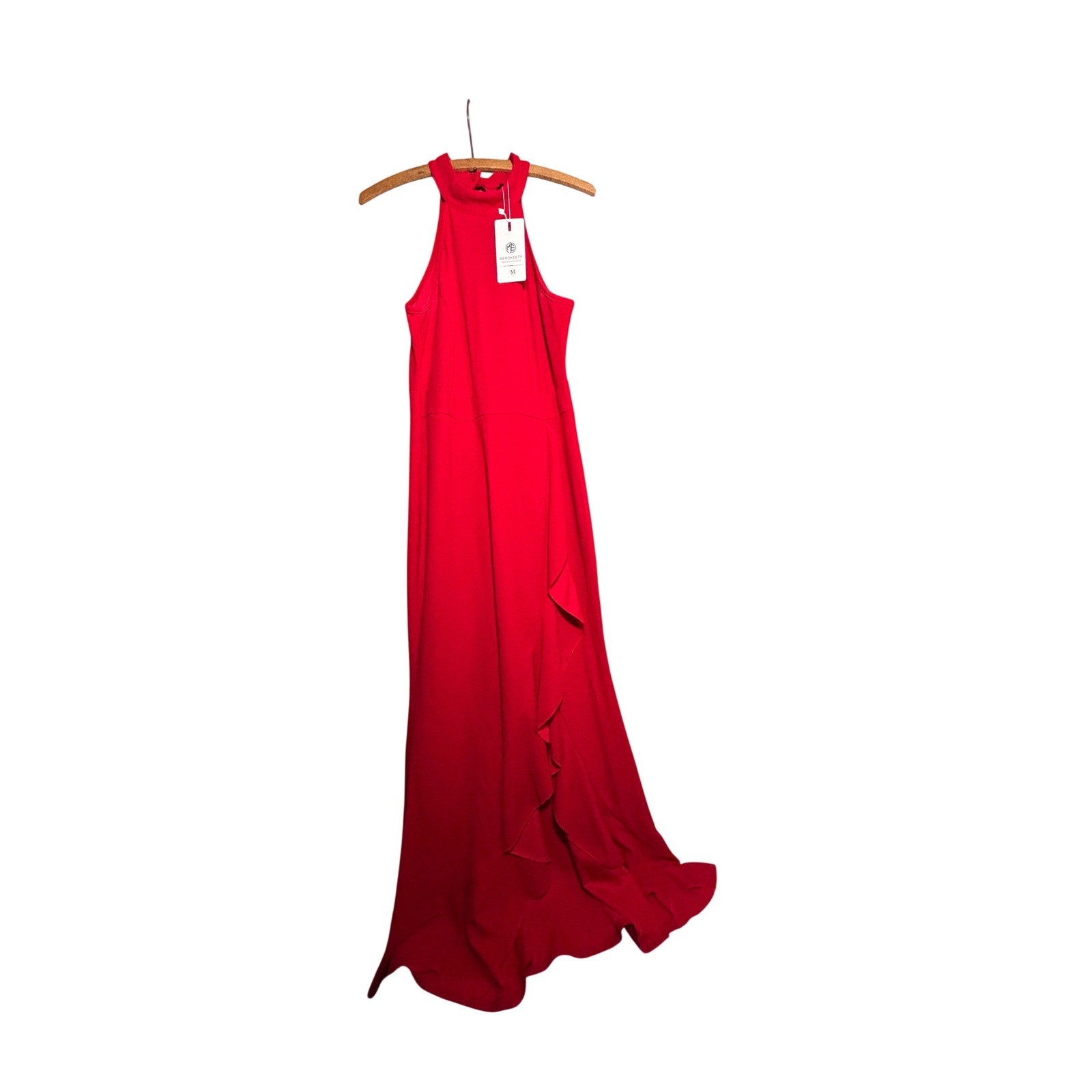 MEROKEETY Womens Red Halter Neck Ruffle Front Maxi Dress Formal Gown Size M NEW