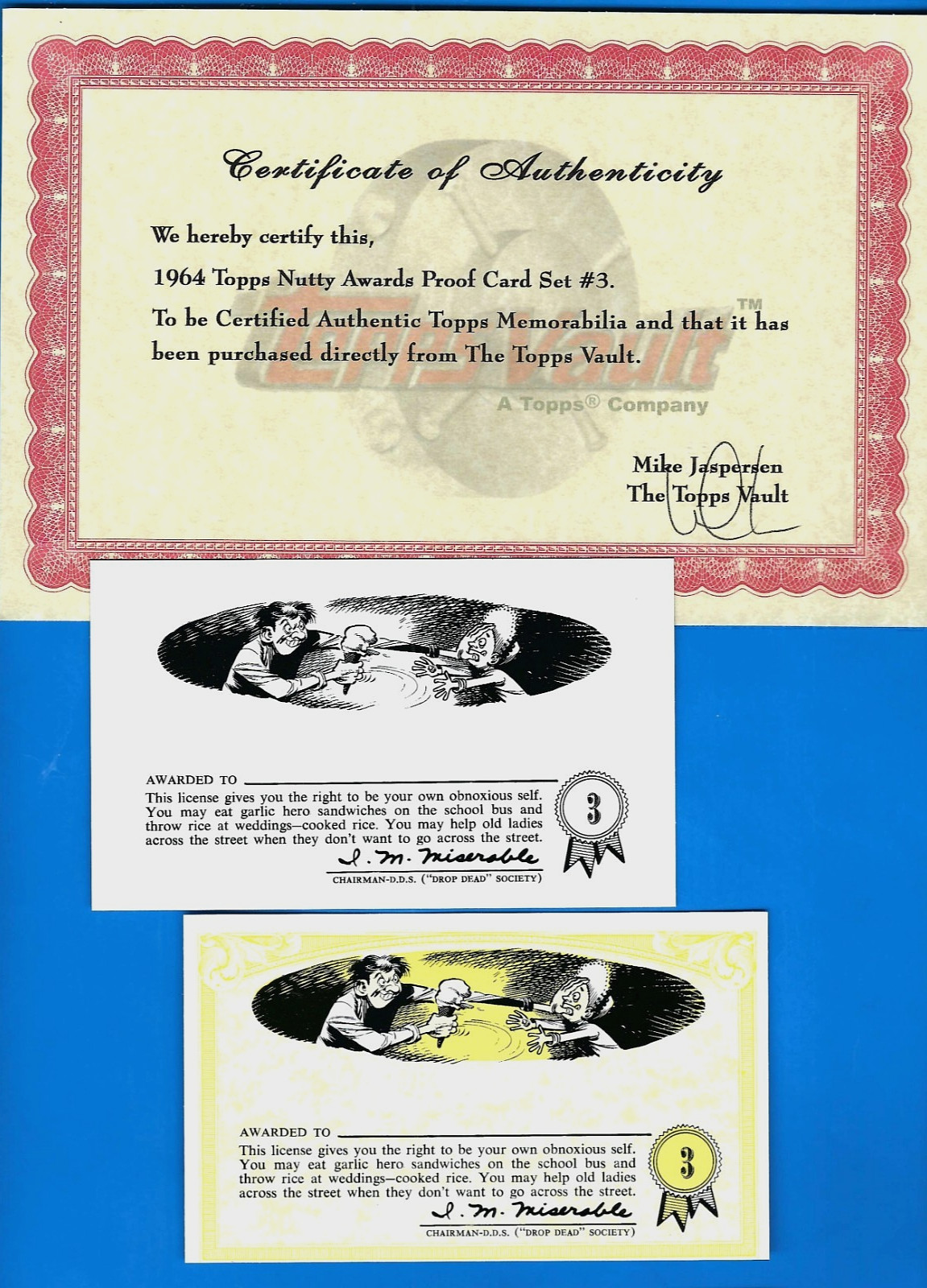 TOPPS VAULT 1964 NUTTY AWARDS NO.3 PROOF CARD SET OF 2 BLANK BACKS W/COA