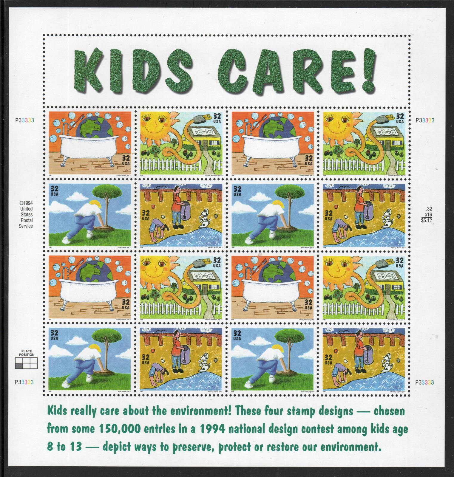 ALLY\'S STAMPS US Scott #2951-4 32c Kid’s Environment Pane [20] MNH F/VF [FP-33]