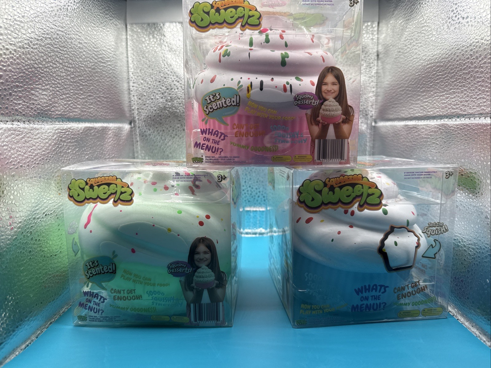 Squeezee Sweetz scented cupcake squishy set of 3 BLUE PINK & GREEN - PPNC