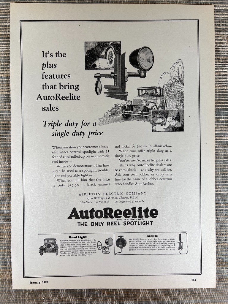 AutoReelite Reel Spotlight Car Road Light Chicago, IL 1927 Vintage Print Ad